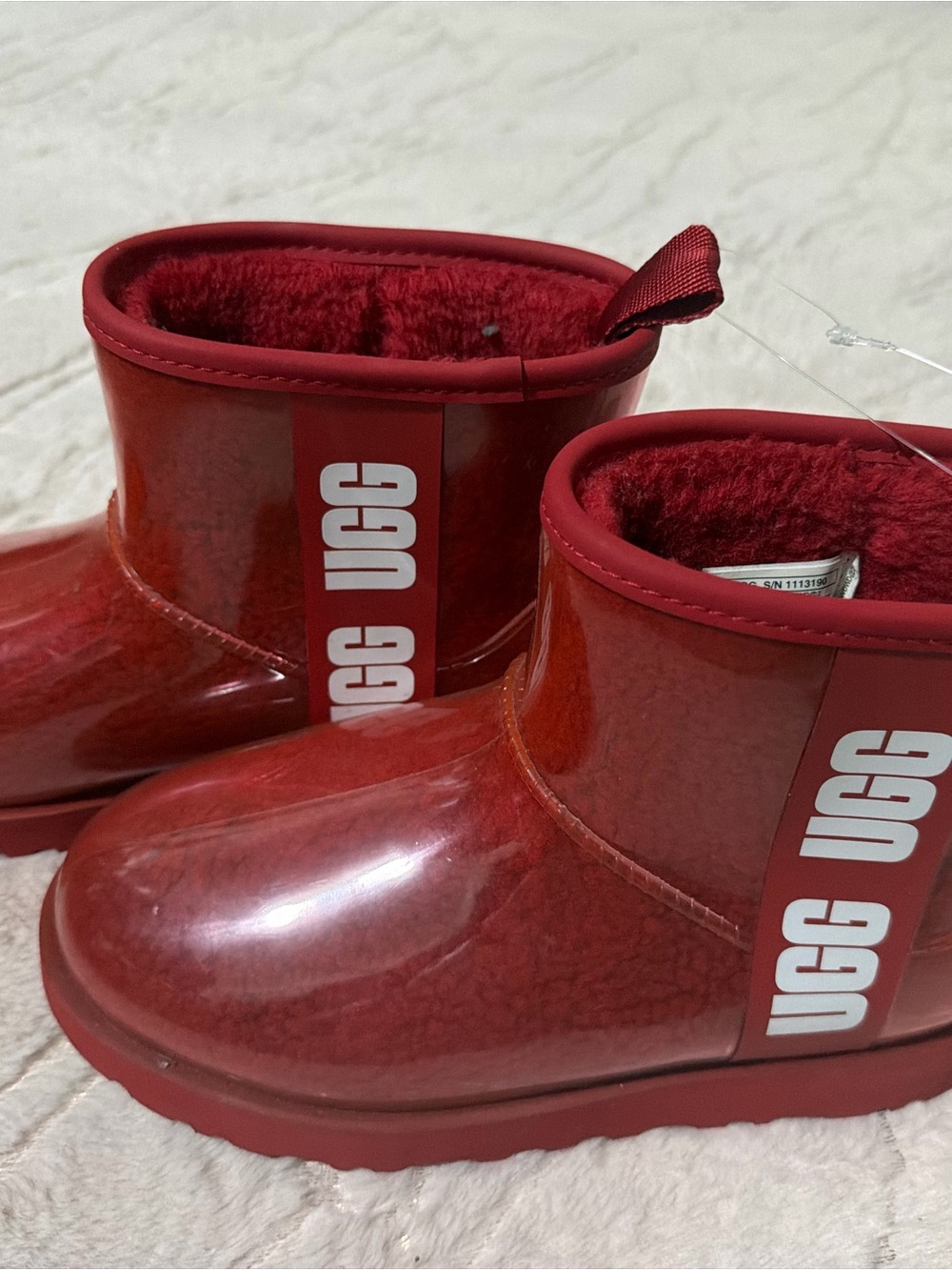 UGG Red Gloss Finish Short Shearling Rain Boots